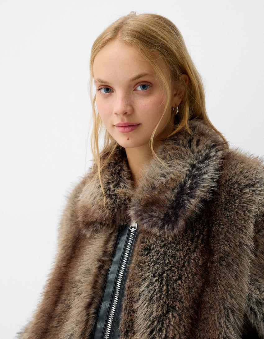 Faux Fur Jacket with Leather Effect