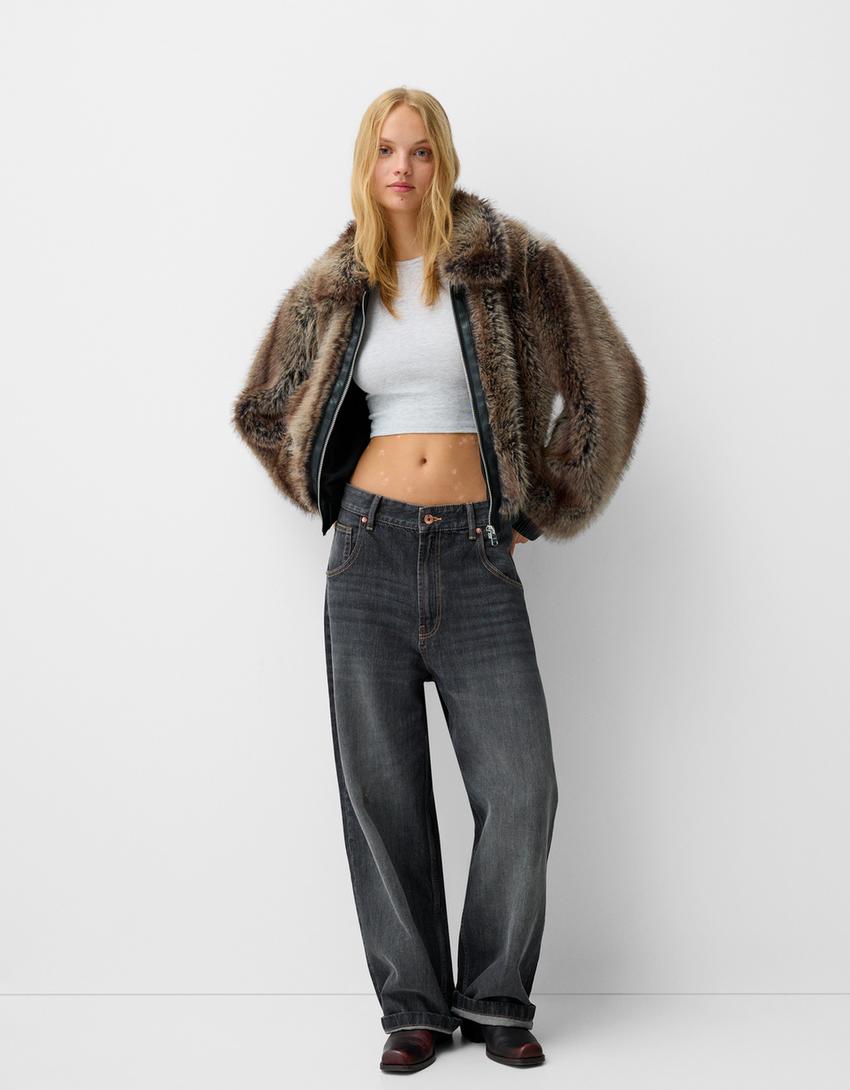 Faux Fur Jacket with Leather Effect