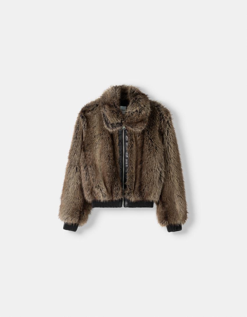 Faux Fur Jacket with Leather Effect