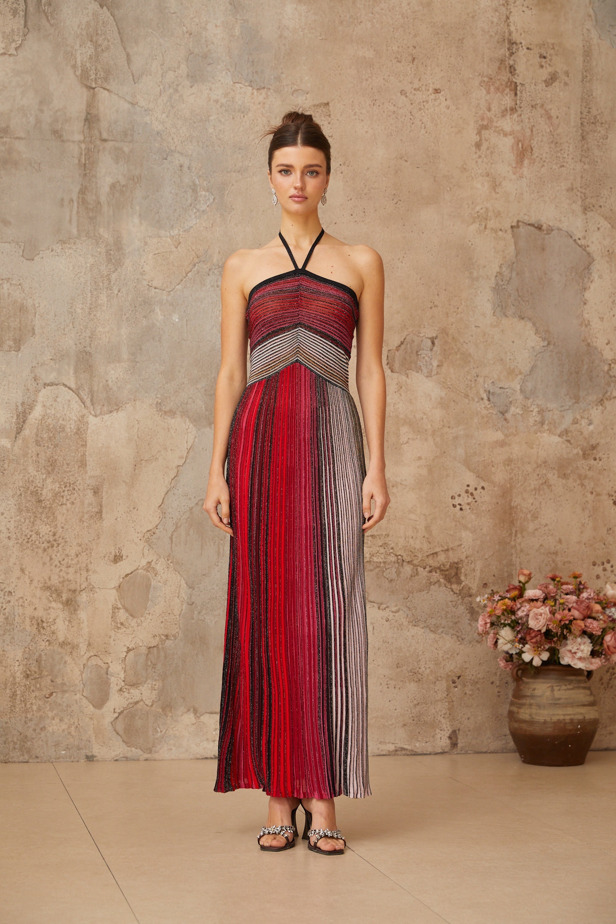 Ulysse – Halterneck Maxi Dress in Red Metallic Knit