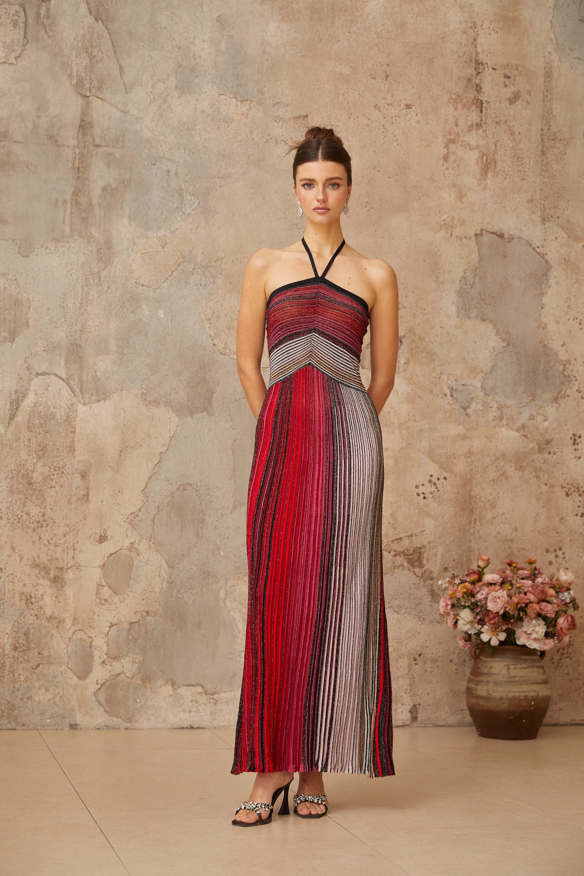 Ulysse – Halterneck Maxi Dress in Red Metallic Knit