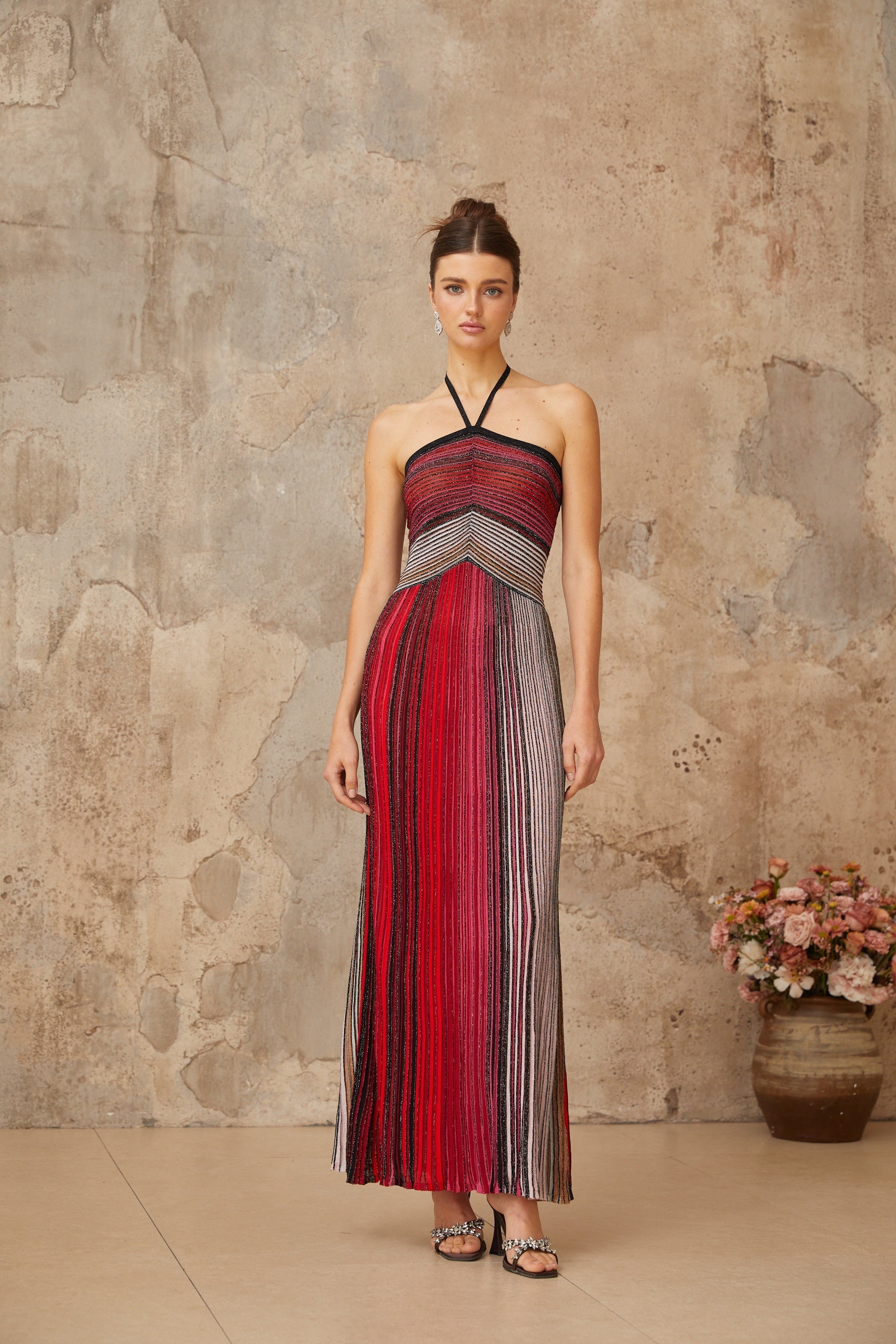 Ulysse – Halterneck Maxi Dress in Red Metallic Knit