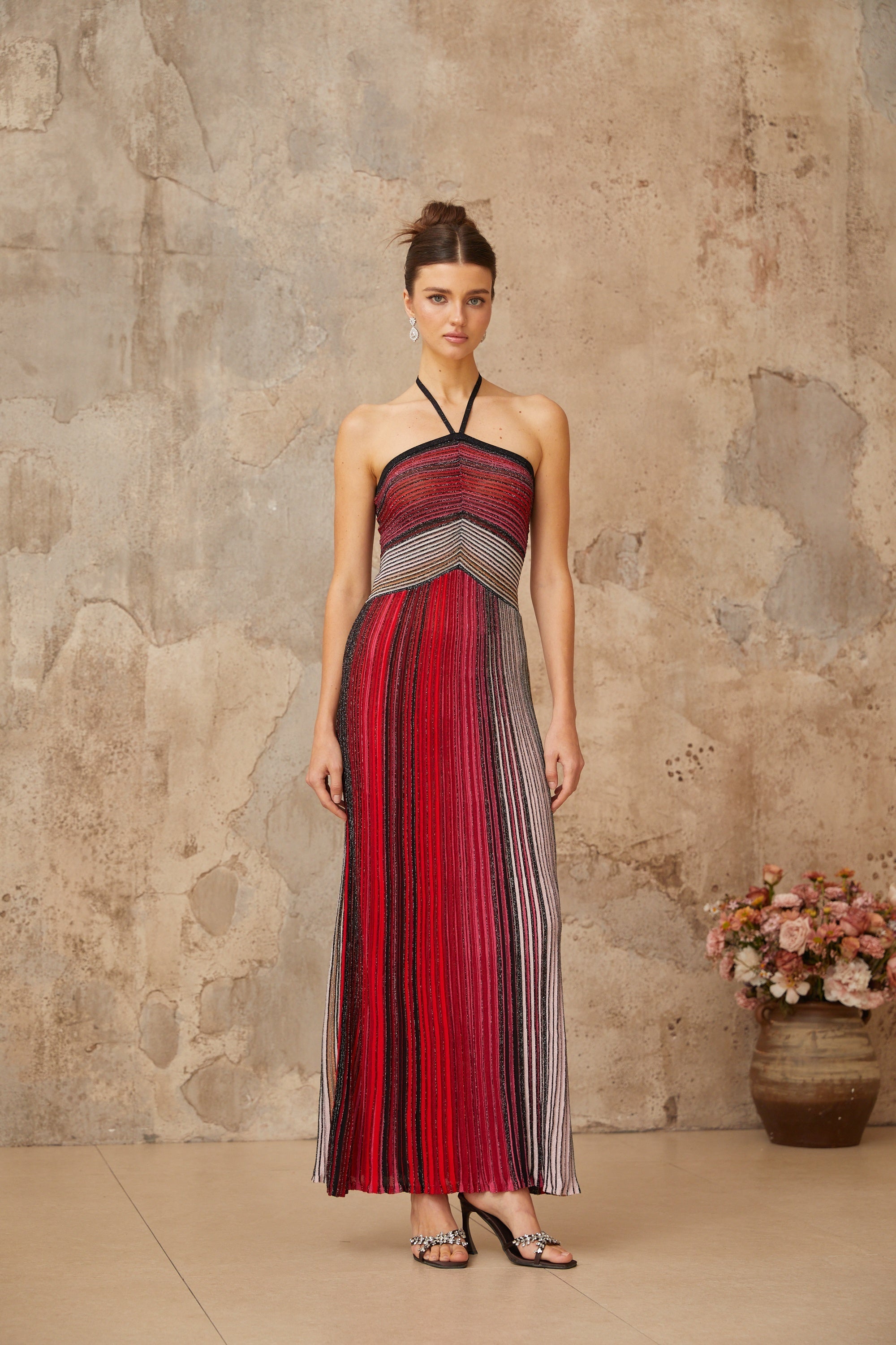 Ulysse – Halterneck Maxi Dress in Red Metallic Knit