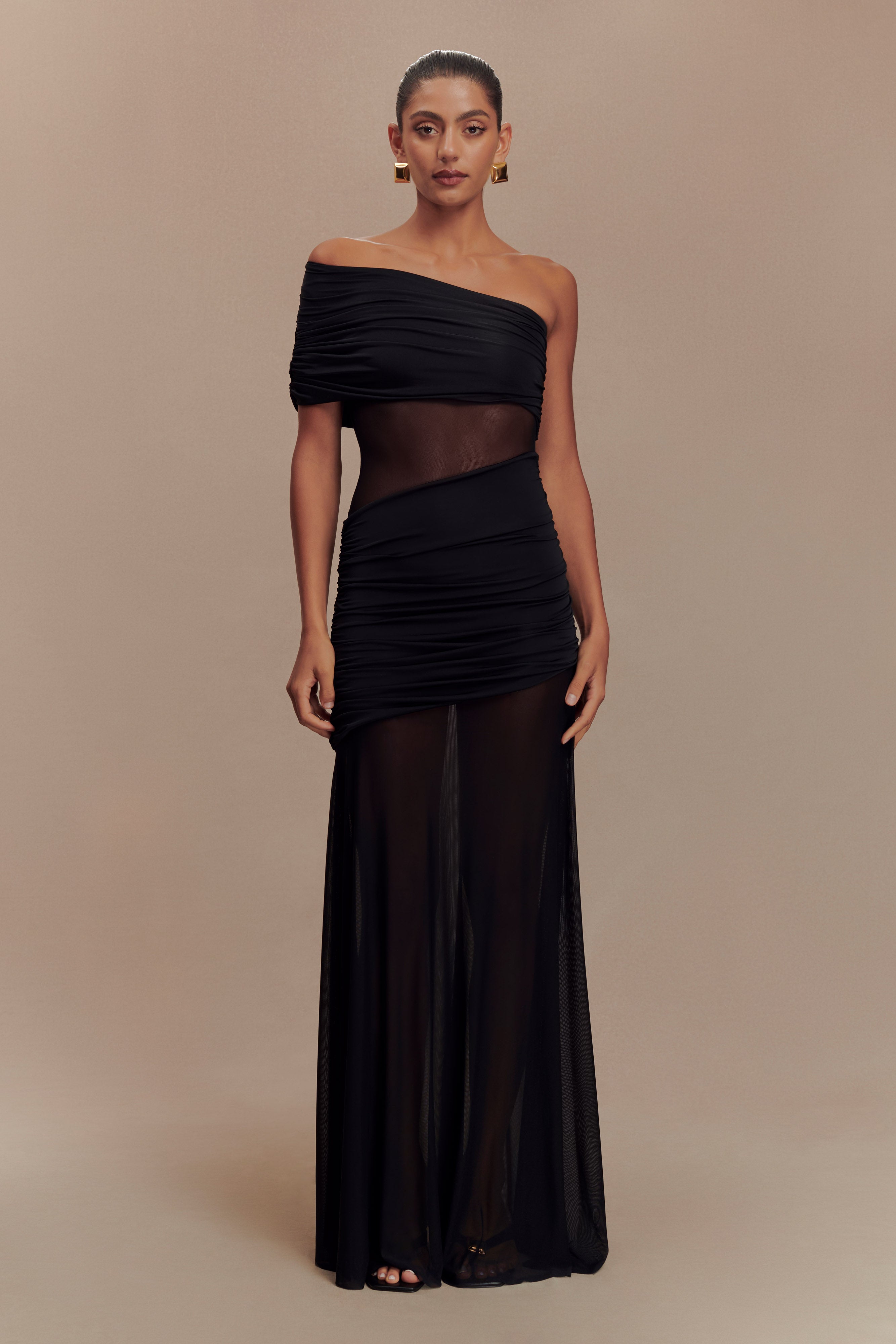 One Shoulder Mesh Maxi Dress