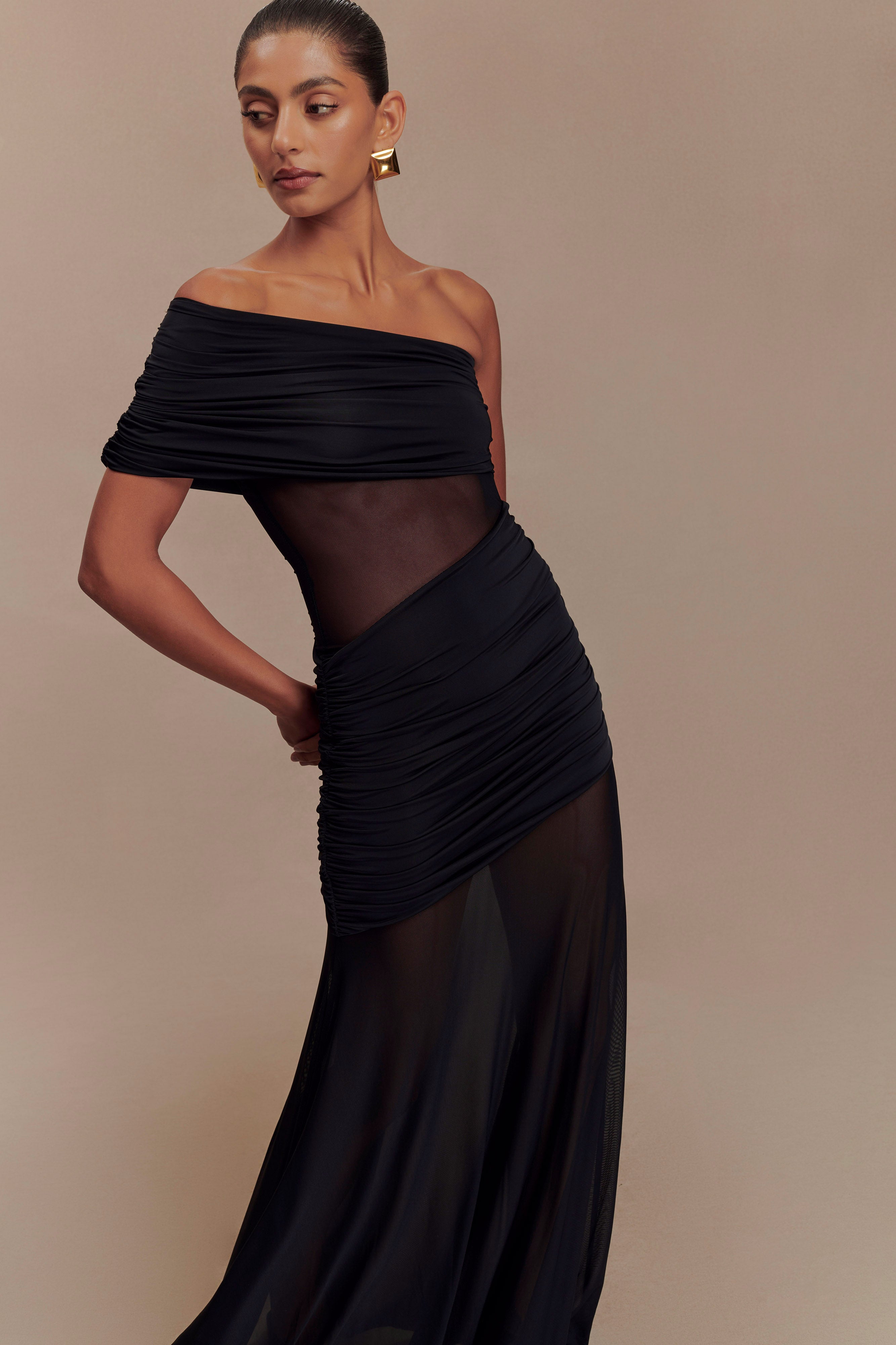 One Shoulder Mesh Maxi Dress