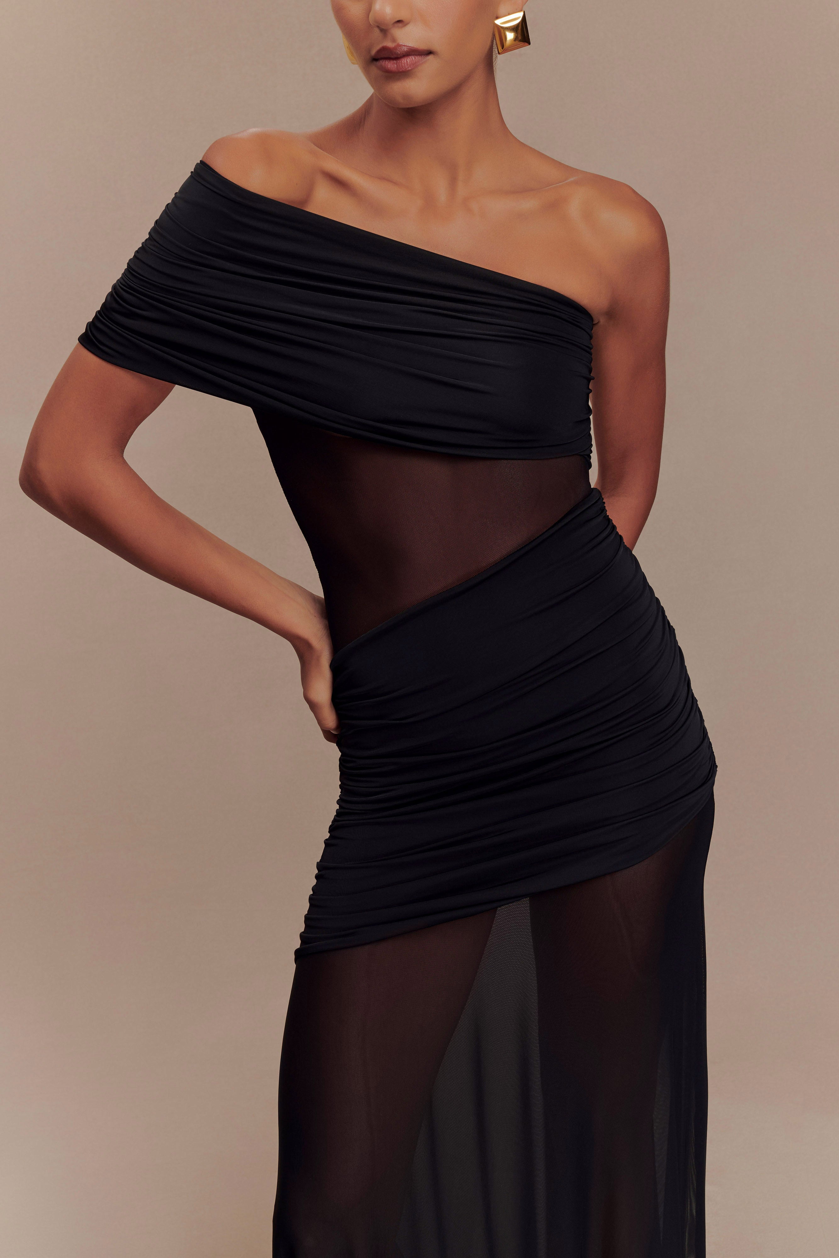 One Shoulder Mesh Maxi Dress