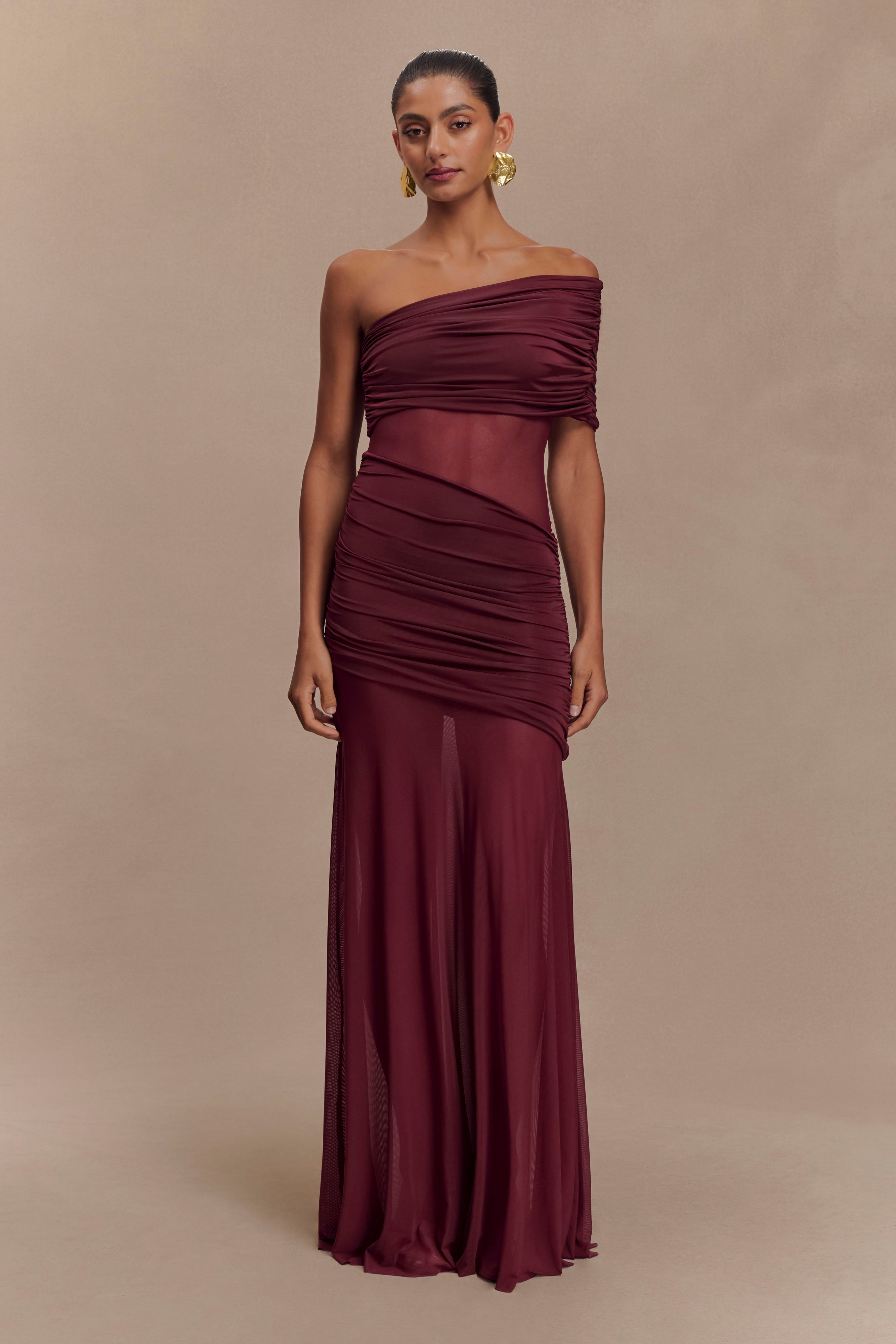 One Shoulder Mesh Maxi Dress
