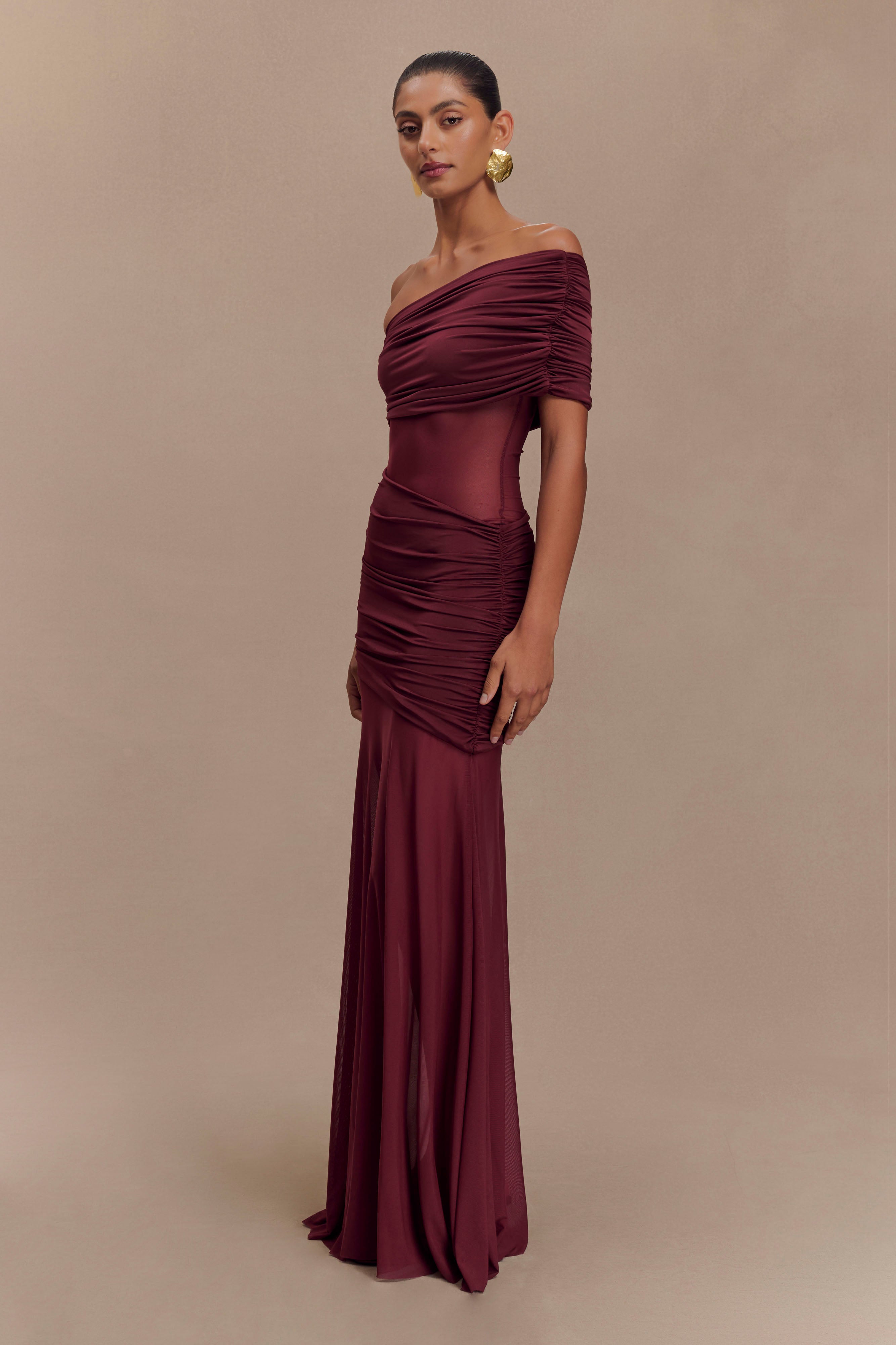 One Shoulder Mesh Maxi Dress