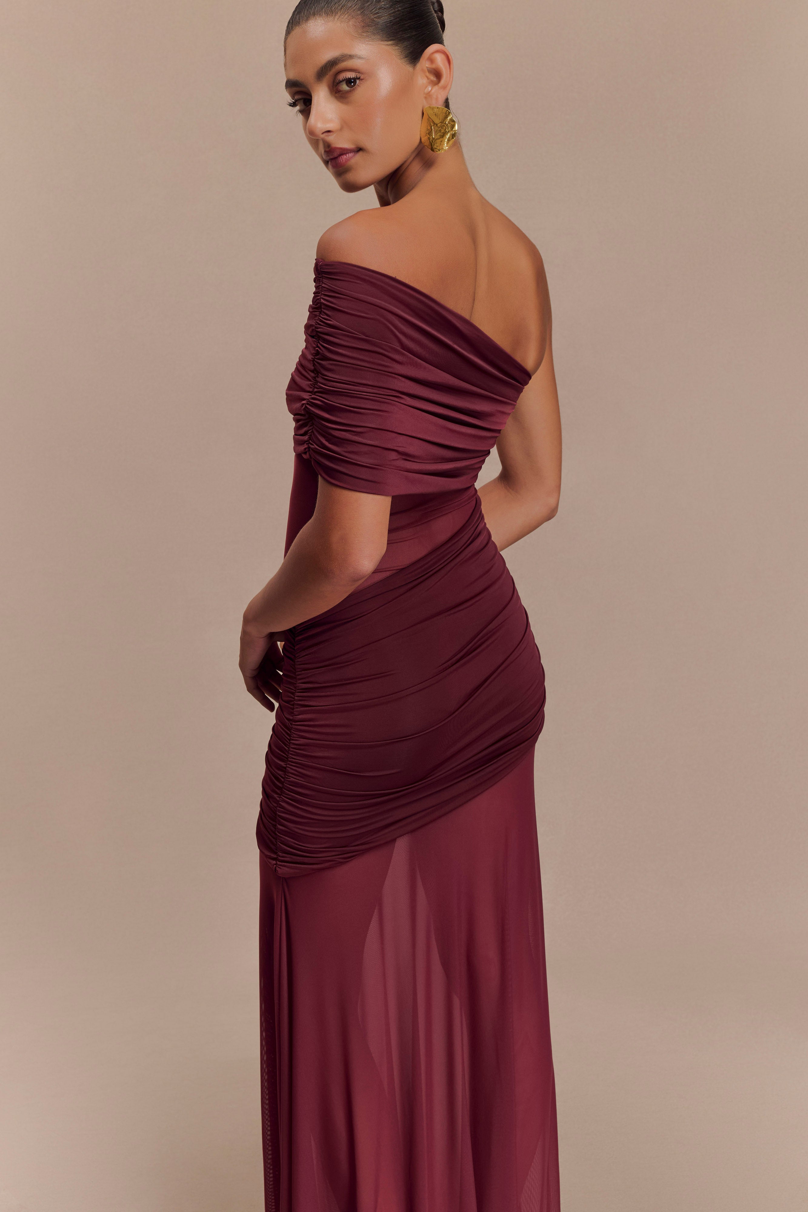 One Shoulder Mesh Maxi Dress