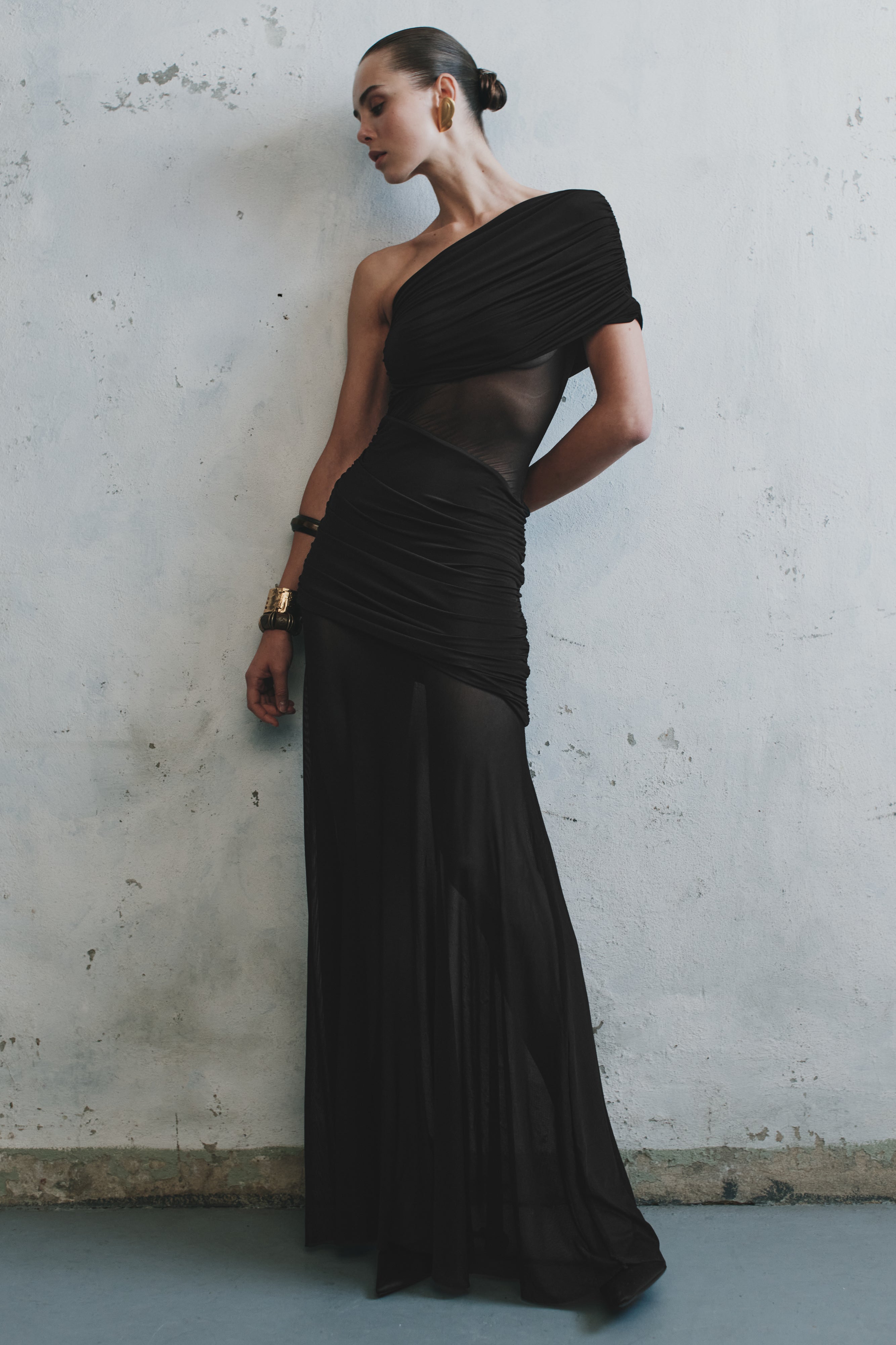 One Shoulder Mesh Maxi Dress