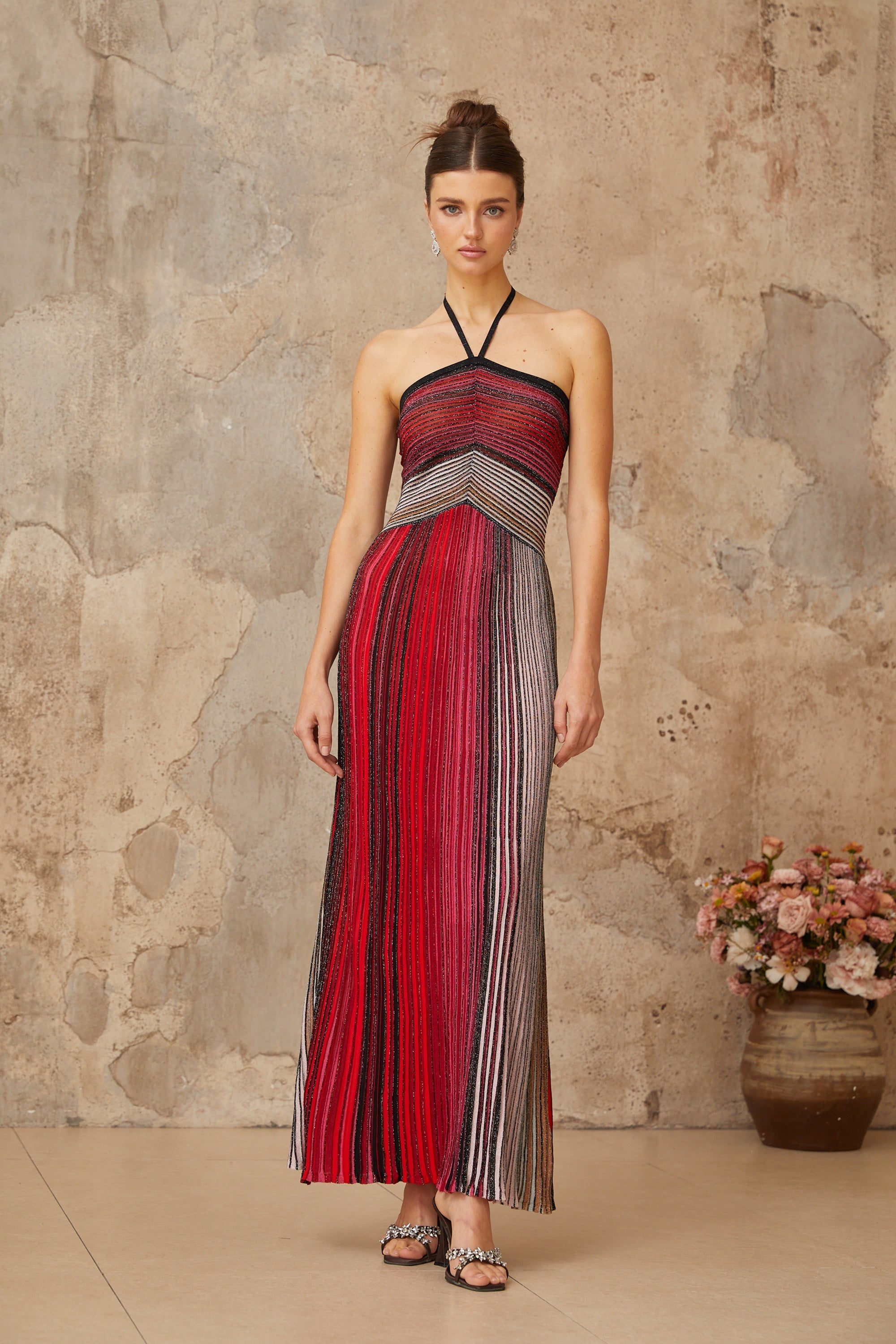 Ulysse – Halterneck Maxi Dress in Red Metallic Knit